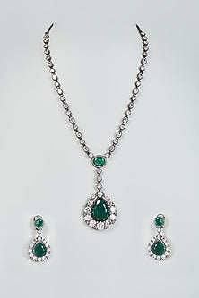 Black Rhodium Finish Emerald Stone & Zircon Long Necklace Set