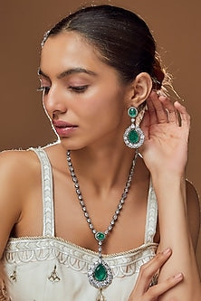 Black Rhodium Finish Emerald Stone & Zircon Long Necklace Set