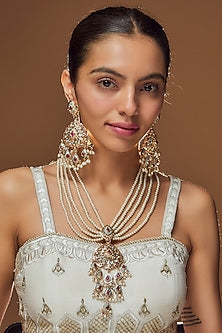 Gold Finish Multi-Colored & Kundan Polki Long Necklace Set