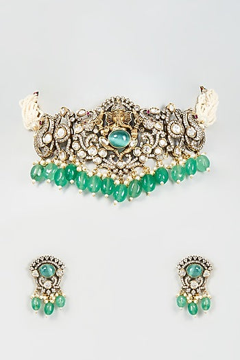 Gold Finish Emerald Choker Necklace Set