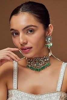 Gold Finish Emerald Choker Necklace Set