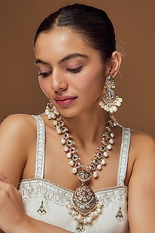 Gold Finish Multi-Colored Stone Long Necklace Set