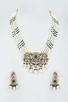 Gold Finish Emerald & Kundan Polki Long Necklace Set