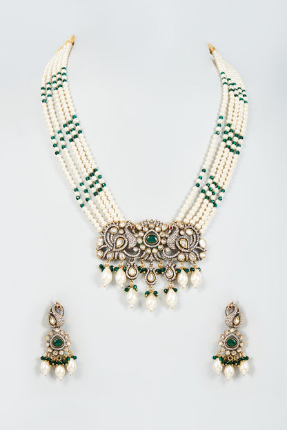 Gold Finish Emerald & Kundan Polki Long Necklace Set