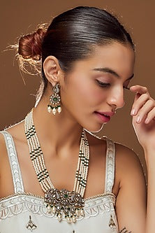 Gold Finish Emerald & Kundan Polki Long Necklace Set