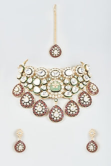 Gold Finish Stone & Kundan Polki Choker Necklace Set