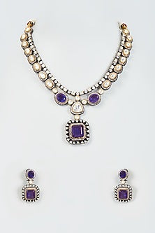 Black Rhodium Finish Purple Stone & Kundan Polki Long Necklace Set