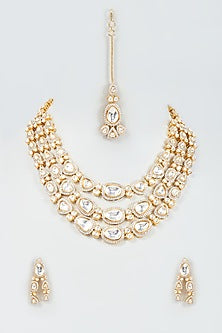 Gold Finish Kundan Polki Layered Necklace Set