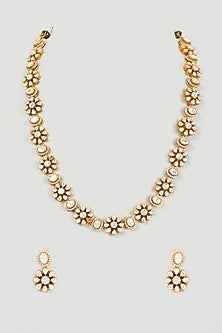 Gold Finish White Kundan Polki Long Necklace Set