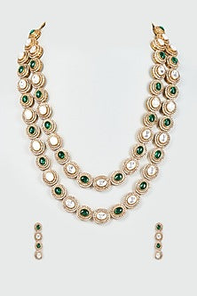 Gold Finish Emerald & Kundan Polki Long Layered Necklace Set