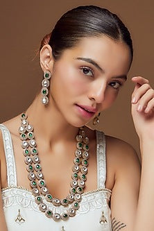 Gold Finish Emerald & Kundan Polki Long Layered Necklace Set