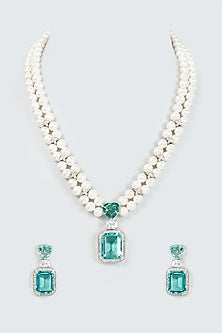 White Finish Aqua Stone & Pearl Long Necklace Set