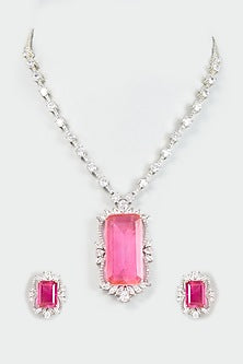 White Finish Pink Stone & Zircon Long Necklace Set