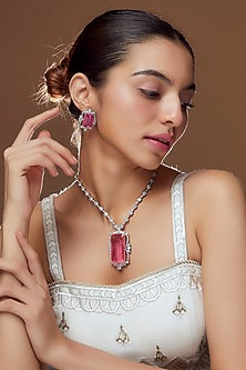 White Finish Pink Stone & Zircon Long Necklace Set