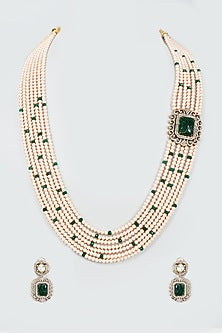 Black Rhodium Finish Emerald & Kundan Polki Long Necklace Set