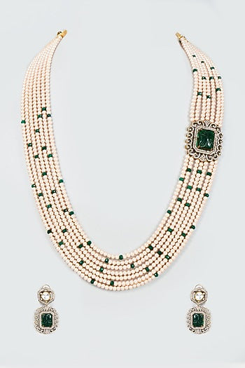 Black Rhodium Finish Emerald & Kundan Polki Long Necklace Set