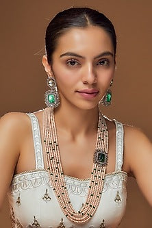 Black Rhodium Finish Emerald & Kundan Polki Long Necklace Set
