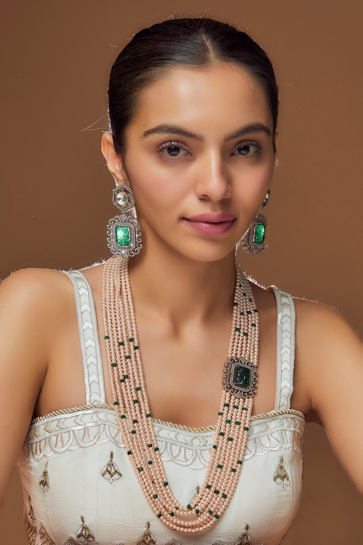 Black Rhodium Finish Emerald & Kundan Polki Long Necklace Set