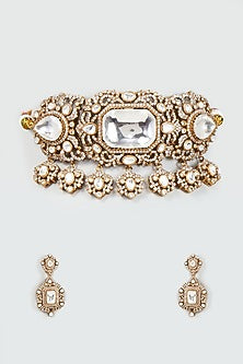 Gold Finish White Kundan Polki Choker Necklace Set