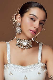 Gold Finish White Kundan Polki Choker Necklace Set