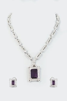 White Finish Dark Purple Stone & Zircon Long Necklace Set