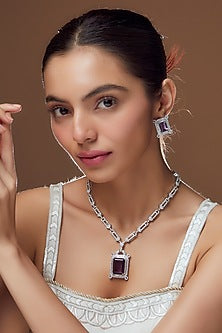 White Finish Dark Purple Stone & Zircon Long Necklace Set