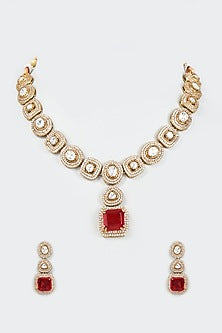Gold Finish Red Stone & Kundan Polki Long Necklace Set