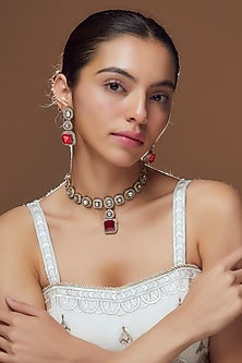 Gold Finish Red Stone & Kundan Polki Long Necklace Set