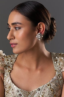Gold Finish Kundan Polki & Zircon Stud Earrings