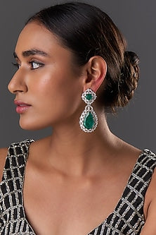 White Finish Zircon & Emerald Stone Dangler Earrings