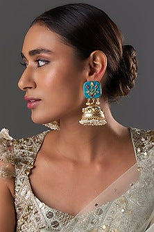 Gold Finish Kundan Polki & Aqua Stone Dangler Earrings