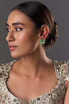 Gold Finish Mint Green Kundan Polki Stud Earrings