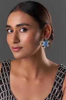 White Finish Blue & Green Zircon Stud Earrings