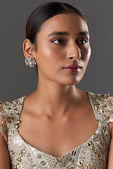 Black Rhodium Finish Kundan Polki & Ruby Stone Stud Earrings