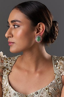 Gold Finish Red Zircon & Green Stone Dangler Earrings