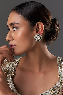 Black Rhodium Finish Kundan Polki & Emerald Stone Stud Earrings