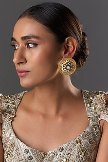 Gold Finish Round Kundan Polki Stud Earrings