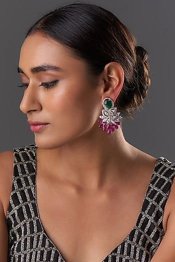 White Finish Zircon & Emerald Stone Dangler Earrings