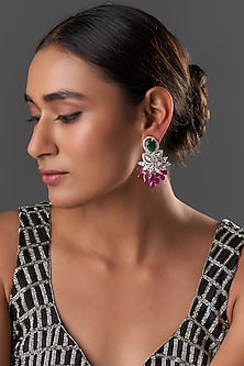 White Finish Zircon & Emerald Stone Dangler Earrings
