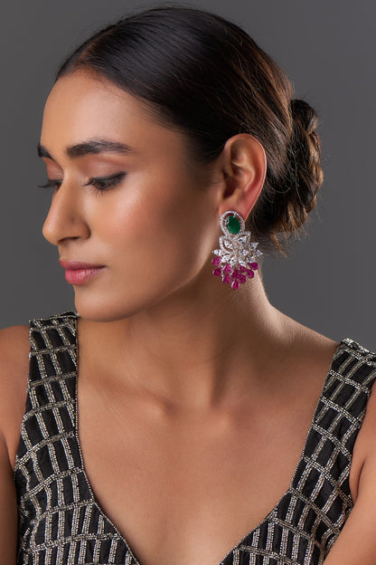 White Finish Zircon & Emerald Stone Dangler Earrings