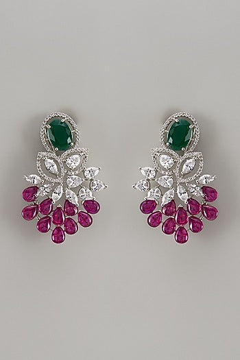 White Finish Zircon & Emerald Stone Dangler Earrings