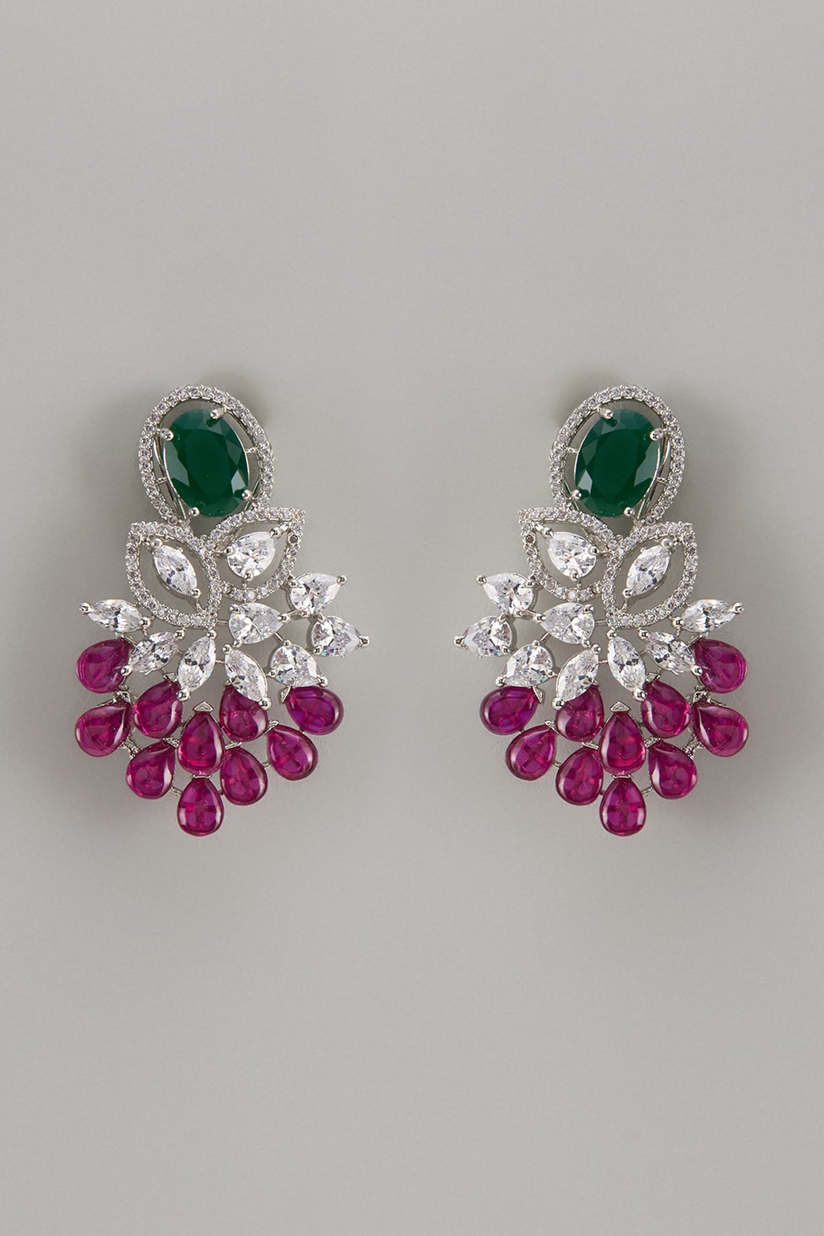 White Finish Zircon & Emerald Stone Dangler Earrings