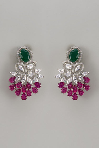 White Finish Zircon & Emerald Stone Dangler Earrings