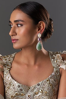 White Finish Zircon & Multi-Colored Stone Dangler Earrings