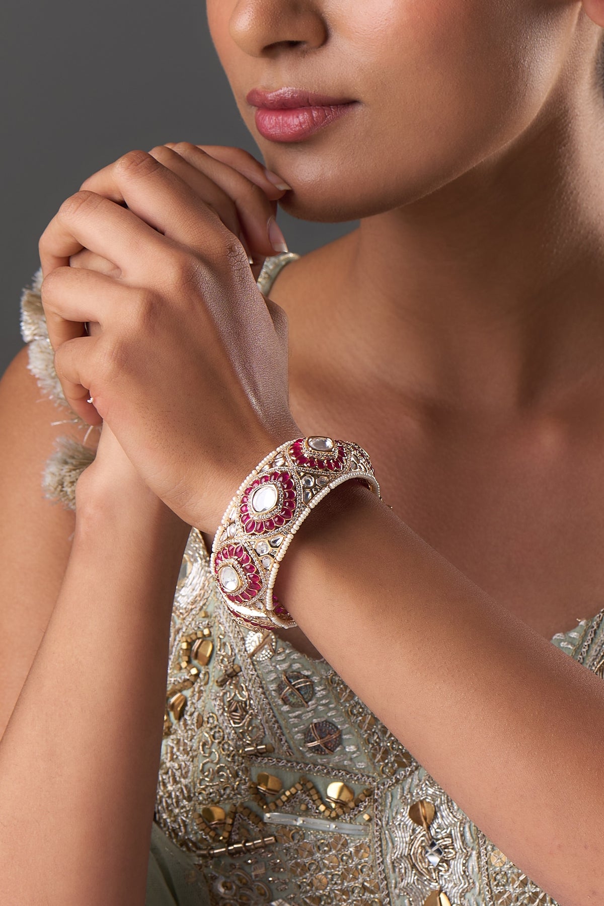 Gold Finish Kundan Polki & Ruby Stone Bangle