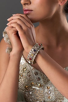 Gold Finish Kundan Polki & Multi-Colored Stone Bangle