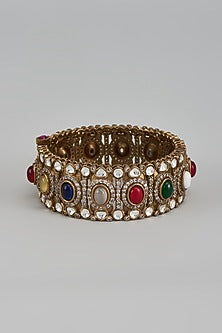 Gold Finish Kundan Polki & Multi-Colored Stone Bangle