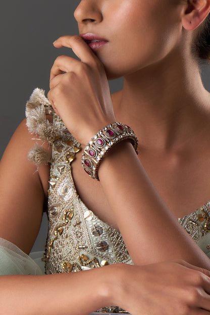 Gold Finish Kundan Polki & Ruby Stone Bangle