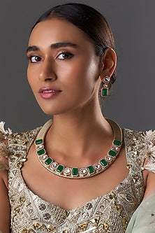 Gold Finish Kundan Polki & Emerald Stone Long Necklace Set