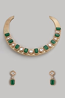 Gold Finish Kundan Polki & Emerald Stone Long Necklace Set